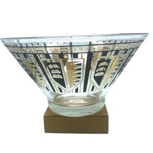 Vintage Libby Chip Salad Serving BOWL Barware Gold Black‎ Glass 10.5" wide